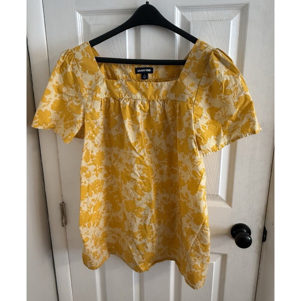 Lands' End Square Neck Yellow & White Floral Tunic Top Women's Size Large 14/16